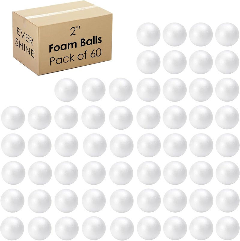 EVER SHINE 60 Pack 2 Inch Craft Foam Ball - White Smooth Craft Foam Polystyrene Balls for DIY Craft and Art School Project - Image 1